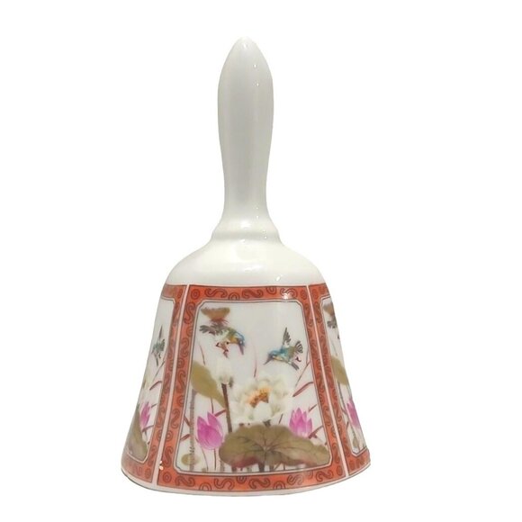Vintage 80s Porcelain Bell Floral Hummingbird White Lotus Japan Painted - Picture 1 of 5
